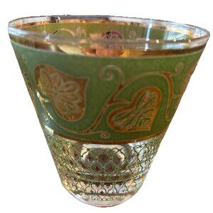 2 Vintage CULVER TOLEDO Tumbler Lowball Glasses Green Gold Scrolls Filigree 4”
